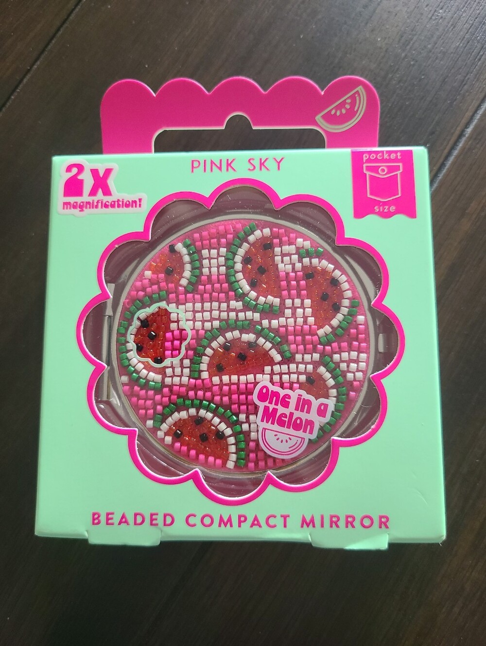 Pink Sky Watermelon Beaded Compact Mirror